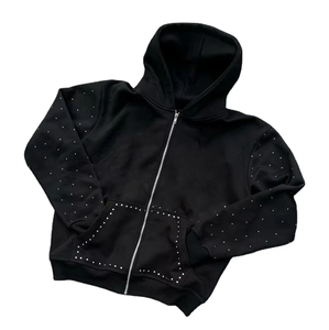 Sudadera con capucha de algodón 100% para hombre con cremallera de diamantes de imitación y diseño bordado sudadera con patrón sólido antiarrugas - Product Image 1