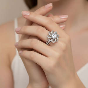 Anillo Floral de Plata de Ley 925 con Certificado BIS, Chapado en Oro con Rodio, Opciones de Incrustaciones de Circonita Cúbica en Oro Rosa - Product Image 3