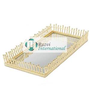 Antique Designer Round Mirror <b>Tray</b> With <b>Gold</b> Linear Design Stylish With <b>Gold</b> Metal Ware Decoration Standard Designer ServingTray - Product Image 5