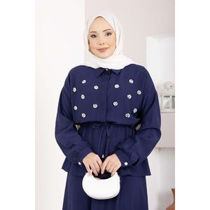 Conjunto de Falda y Top Azul Marino con Cinturón Adornado con Piedras, Tela Crepé Contemporánea, Estilo Diario, Top Largo y Corto Bordado, Talla XL para Primavera - Product Image 2