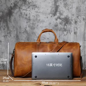 Sac de voyage en cuir, sac de week-end avec fermeture à glissière et compartiment séparé pour chaussures, marron - Product Image 2