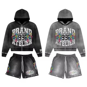 Vintage Winter Streetwear Hoodie Set Distressed Washed Heavyweight Solid Hooded Cotton with Rhinestone & Screen-Printed Design - Product Image 4