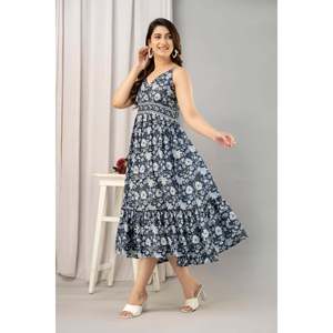 Dress-SHKUP1442แมกซี่ทรงเข้ารูปแขนกุดพิมพ์ลายดอกไม้สีกรมท่า - Product Image 4