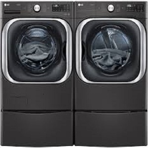 New Side-by-Side on Storage Drawer Pedestal Front Load Washer and Electric Dryer <b>Set</b> in Black Steel - Product Image 1