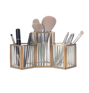 3-Slot Gold Metal <b>Makeup</b> Brush <b>Holder</b> Organizer Cosmetics Brushes Storage Vanity Desk Dresser for Bathroom Bedroom Pen <b>Holders</b> - Product Image 1