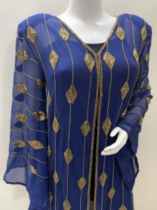 Fabriqué à la main Style arabe Georgette Abaya Kaftan manteau exquis élégant tissu Design Long devant ouvert fête grande taille sans couture - Product Image 5