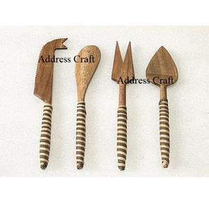 Vente directe d'usine ensemble de couteaux à fromage d'acacia avec poignée en osier ustensiles de cuisine avec couteau à beurre fourchette épandeur couverts en rotin - Product Image 4
