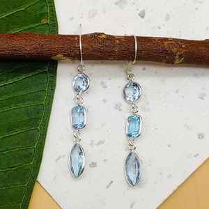 Elegantes pendientes artesanales de Plata de Ley 925 hechos a mano de múltiples formas facetadas Topacio Azul diamante perla bodas regalos mujeres - Product Image 1