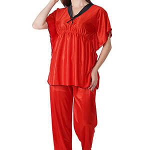 Hermoso traje de noche de caftán de satén rojo para mujer de Ani's Secret, diseño de Venta caliente; Conjunto de pijama superior, ropa de dormir inferior Natural - Product Image 1