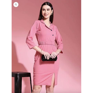 Dernier modèle de robes de carrière d'été Robe de bureau pour femme décontractée, élégante, de couleur unie, à demi-manches, col en V et crayon - Product Image 1