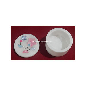 Handmade White Marble Mother Of Pearl Inlay <b>Jewellery</b> Box Round Shape With Glossy Surface Used Golden Chain Packing And Gifting - Product Image 2