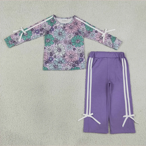 Ensemble de vêtements à manches longues pour filles, imprimé floral, avec attaches latérales, pantalon violet, tenue confortable - Product Image 4