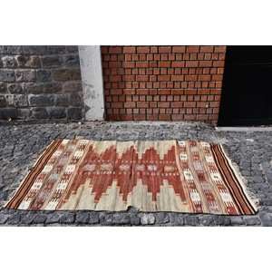 Vintage Turkish <b>Rug</b> Red Beige 4.6 X 7.4ft Large <b>Boho</b> Style Area <b>Rug</b> Patchwork Pattern Wool 10mm Latex for Hallway Room Decor - Product Image 4