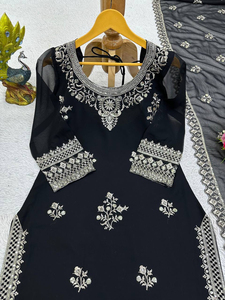 Recién llegado, diseño moderno, Faux Georgette, hilo pesado con bordado de secuencia y borde de encaje de cuatro lados, Top Palazzo y Dupatta - Product Image 5