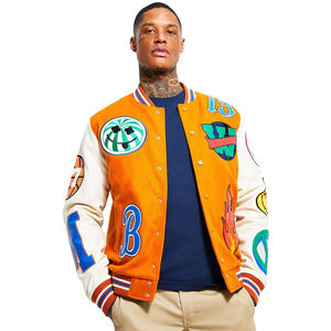 Veste universitaire orange personnalisée pour homme, mélange de laine, corps coloré, patch brodé, veste bomber de style rétro streetwear - Product Image 1