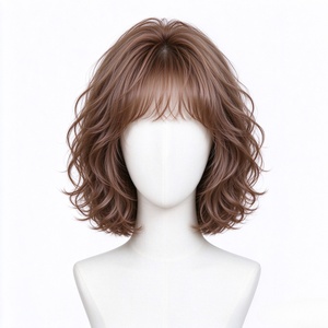 Milk Tea Brown <b>Short</b> Wavy Bob <b>Human</b> <b>Hair</b> <b>Wig</b> With Thin Air Bangs - Product Image 2