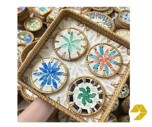 Eco sustainable table decoration including conch placemate rattan <b>plate</b> handmade style and shiny mother of pearl mosaic coasters - Product Image 3