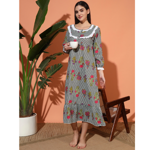 Camisón Elegante e Informal de Algodón 100% para Mujer, con Estampado Floral Victoriano, Transpirable, Suave y Liso, de Manga Larga para Verano, Otoño y Primavera - Product Image 1