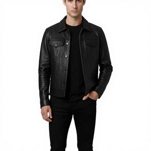 Chaqueta Bomber de Cuero Vacuno Negro Hecha a Mano para Hombre, Estilo Clásico con Botones, para Otoño, Impermeable, Resistente al Viento, con Forro Grueso de Algodón - Product Image 1