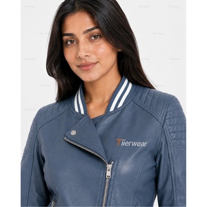 Women's Blue PU Leather Bomber <b>Jacket</b> With <b>White</b> Stripe Trim Full Sleeve Zipper Closure Stand Collar Autumn Style - Product Image 6