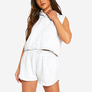 Custom Made Womens 2-Piece sleeveless crop <b>top</b> hoodie & <b>Short</b> <b>Set</b> Custom Screen Print logo Oversized tracksuit for women's - Product Image 2