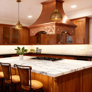 Cappa da <span class=keywords><strong>cucina</strong></span> di lusso artigianale intagliata a forma di campana in rame, con corona ad arco, personalizzata, finitura patinata spazzolata, con sistema di ventilazione - Product Image 5