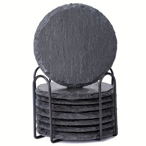Posavasos redondos de mármol para bebidas, con soporte de marco de metal negro, posavasos de piedra negra, alfombrillas de corcho absorbentes, manteles individuales, portavasos - Product Image 3