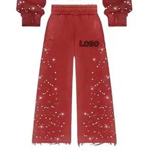 Personalizado ácido Rhinestone lavado hombres mujeres con capucha polar Chenille bordado y bolsillos invierno sudadera con pantalones de chándal conjunto - Product Image 3