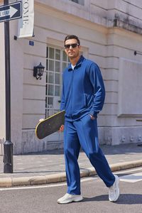 Ensemble de survêtement décontracté pour homme en bleu, imprimé, 2 pièces, survêtement athlétique à fermeture éclair intégrale, ensemble de jogging jacquard, vestes et pantalons - Product Image 5