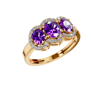 Elegante anillo de compromiso para mujer, chapado en oro de 14 quilates, acentos de diamante de laboratorio IGI, tres piedras, amatista sintética, Halo, fiesta de boda fina - Product Image 6