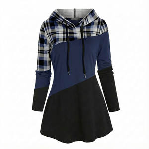 Sweat-shirt à capuche pour femmes en patchwork à carreaux, couleurs et tailles personnalisées, manches longues, coupe ajustée, décontracté, prix de gros, tuniques à capuche - Product Image 3