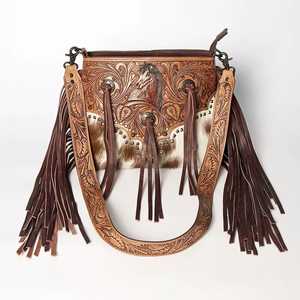 <b>Floral</b> Hand Tooling Bohemian Genuine Leather <b>Tote</b> <b>Bag</b> with Tassel & Flowers Custom Color & Pattern Autumn Ready to Stock - Product Image 2