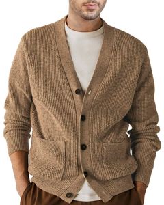 Men Camel Brown Thick Knitted V Neck <b>Cardigan</b> cotton Sweater With Button Front Design Winter Warm Soft Comfortable Wool Blend - Product Image 1