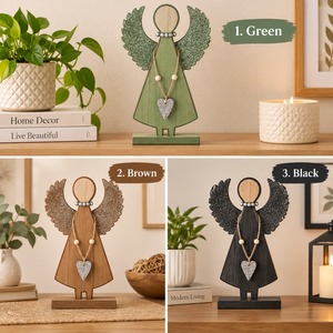 Décoration d'ange en bois faite à la main avec des ailes scintillantes et un pendentif en forme de cœur, ornement de table rustique pour Noël - Product Image 5