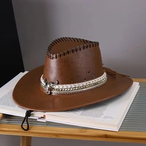 Sombrero de Caballero de vaquero occidental de Cuero 100% para hombres y mujeres con visera accesorio de espectáculo informal grande para exteriores - Product Image 5