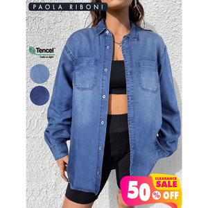Paola Riboni Women Denim Jacket Oversized <b>Long</b> Sleeve Button Down Casual Streetwear <b>Coat</b> Outerwear Light Wash Loose Fit - Product Image 2