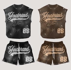 Débardeur court sans manches et ensemble de shorts en coton respirant Logo personnalisé ou vierge lavé à l'acide ourlet brut - Product Image 1