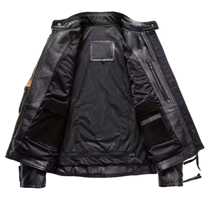 Veste de motard personnalisée de haute qualité pour hommes en cuir véritable Veste de style classique de moto noire en détresse col montant - Product Image 5