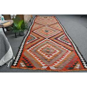 Tapis en laine turque vintage 3.4 X 10.9ft motif patchwork tissage plat pour décor de salon ou couloir avec support en latex - Product Image 4