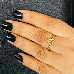 14K Solid <b>Gold</b> Natural Diamond <b>Dainty</b> Heart <b>Ring</b>. - Product Image 4