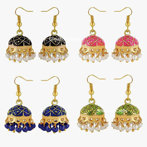 Boucles d'oreilles pendantes en laiton Meenakari, chandelier, faites à la main, émail traditionnel, jhumka pour femmes, bijoux en laiton élégants de style indien - Product Image 2