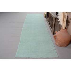 Tapis turc vintage contemporain 3.2 X 13.9ft fait à la main bleu Patchwork Design laine Latex nouveau couloir abstrait Rectangle - Product Image 2