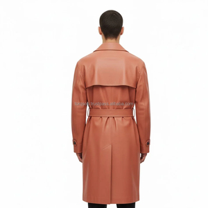 <b>Men's</b> Genuine Leather Cowhide <b>Trench</b> <b>Coat</b> Double Breasted Long Overcoat Belt Turn-down Collar Solid Color Button Detail Warm - Product Image 5