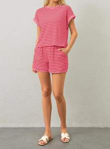 Ensemble de salon 2 pièces d'été pour femmes T-shirts à manches courtes à rayures Mini Shorts Loungewear Shorts Set Ribbed Pajama Set - Product Image 4