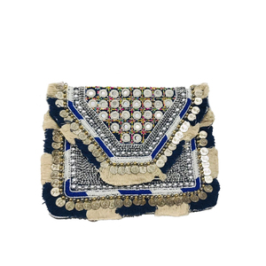 Bolso de Mano de Cuero Estilo Boho Banjara, Diseño Artesanal Indio, con Cuentas y Bordado de Piedras Multicolores, Casual - Product Image 1