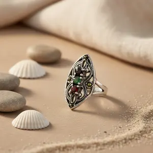 "Geometric Rhodium-Plated 925 Silver Garnet <b>Statement</b> <b>Ring</b> <b>for</b> <b>Women</b>" - Product Image 1