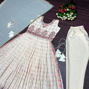 Designer lourd dernier Festival et mariage porter Faux Georgette séquence broderie travail haut et pantalon avec bordure en dentelle Dupatta - Product Image 1