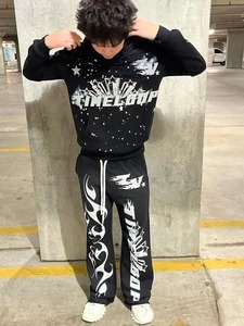 Men <b>Couple</b> <b>Tracksuit</b> Custom Hip Hop Ripped cuffs Distressed Screen Print Rhinestone Drawstring Casual Shorts Street Two Piece - Product Image 5
