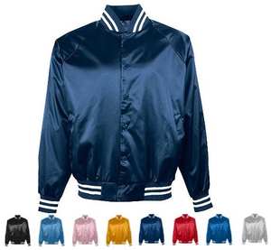 Chaqueta universitaria de satén azul de estilo fresco para hombre con cuello de punto y ribete a rayas, cazadora de béisbol al por mayor para invierno - Product Image 6