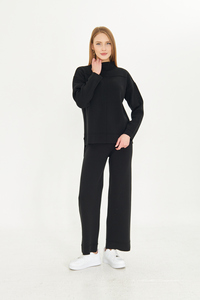 ชุดเสื้อสเวตเตอร์และกางเกง2ชิ้นสำหรับผู้หญิงชุดเสื้อถักแขนยาวเอวยางยืดชุดเสื้อถักขากว้างมีสไตล์ - Product Image 4